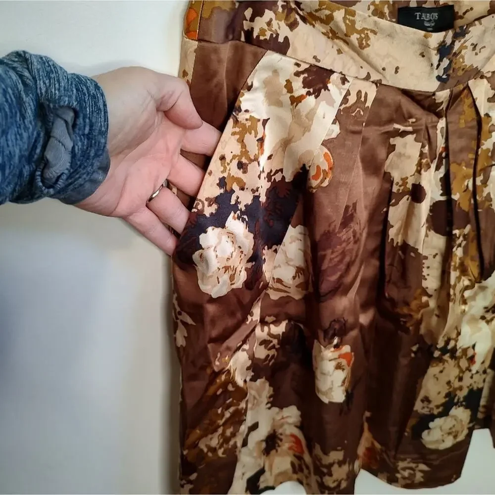 Talbots Petites Pleated Satin A-Line Skirt in a Brown Floral sprint Size…